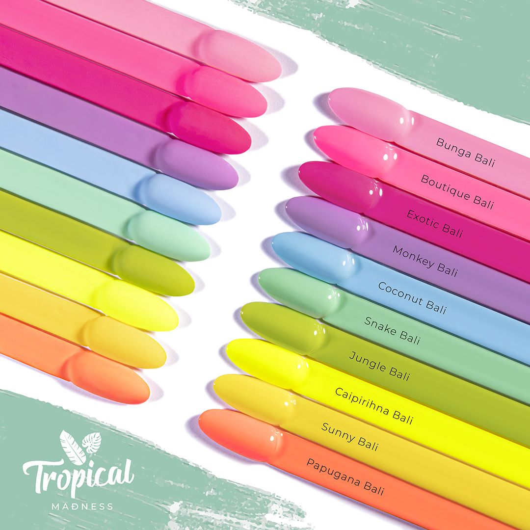 Nuancier de la collection Tropical Madness Nails Company avec l'ensemble des couleurs visibles.