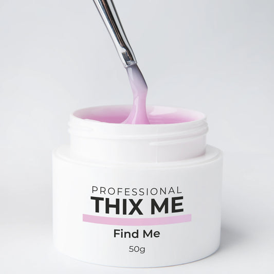 Pot ouvert du gel de construction Thix Me Find Me de Nails Company avec un pinceau tirant la matière