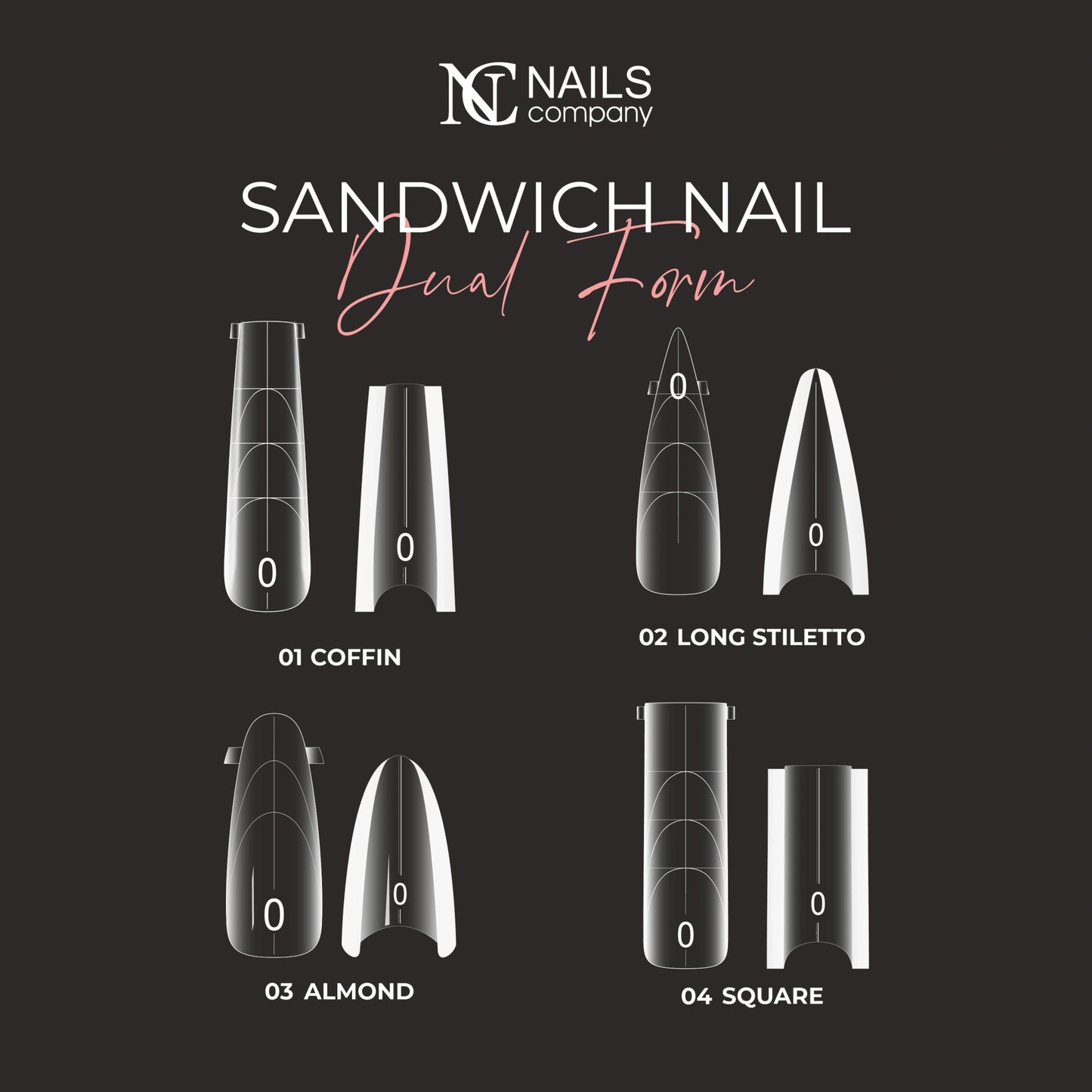 Poppits Nails Company avec quatre formes de la collection visibles pour construction et extension des ongles.