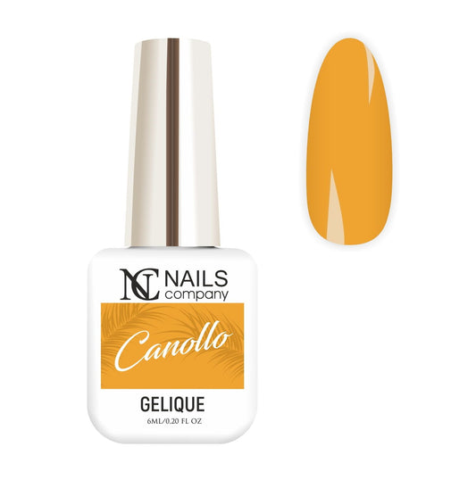 Vernis semi permanent Canollo Nails Company orange chaud présenté avec tips de démonstration.