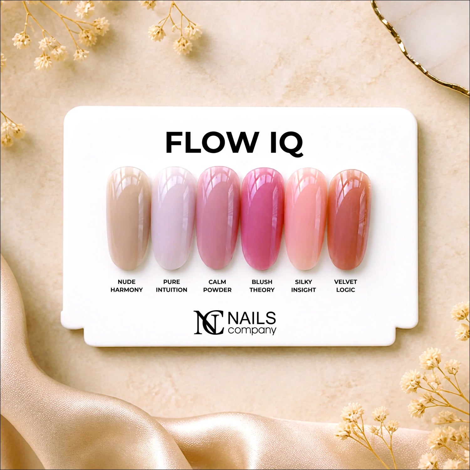 Nuancier des six nouvelles couleurs de la collection Flow IQ Nails Company présenté sur tips.