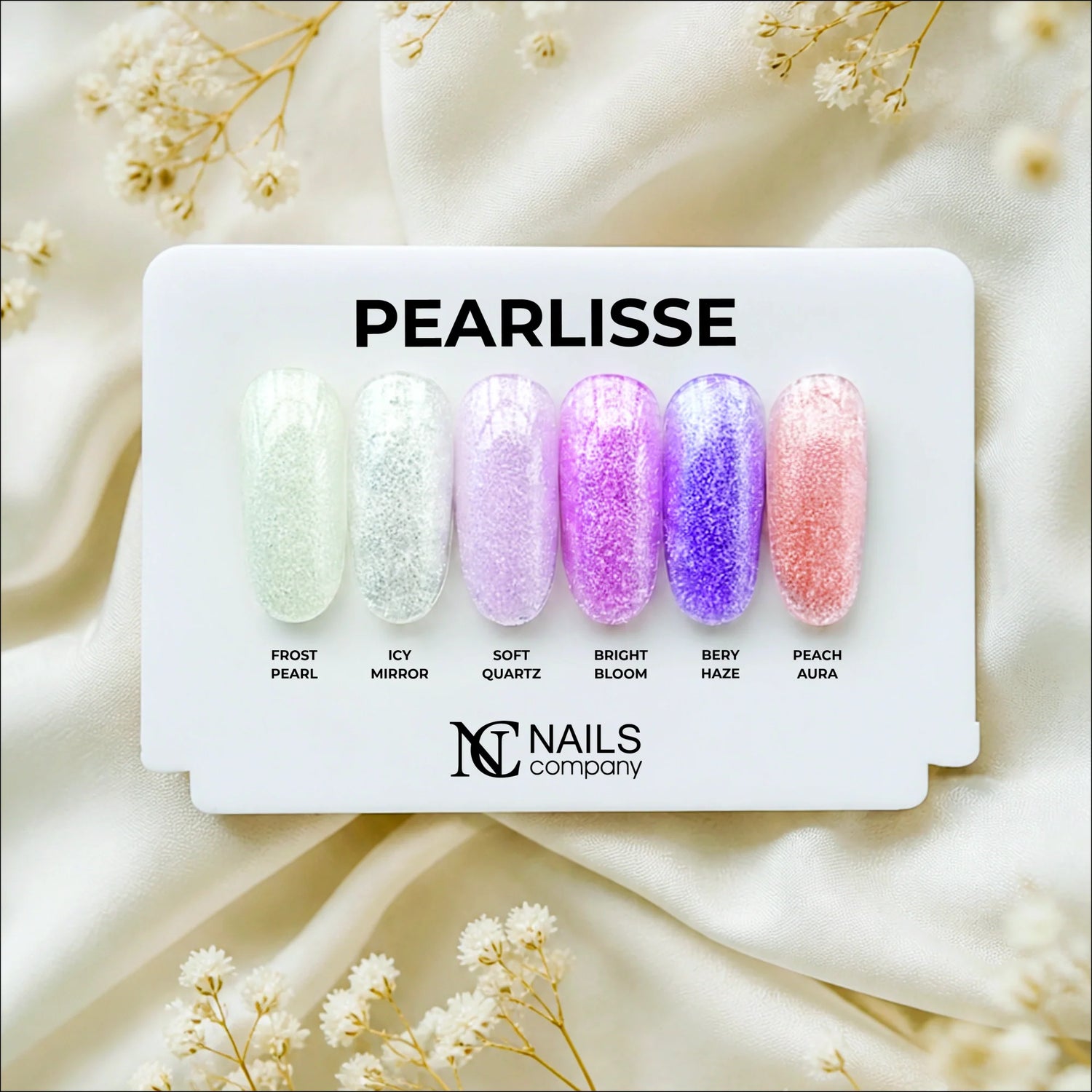 Collection Pearlisse Gel Nails Company présentée sur tips avec toutes les teintes perlées visibles.