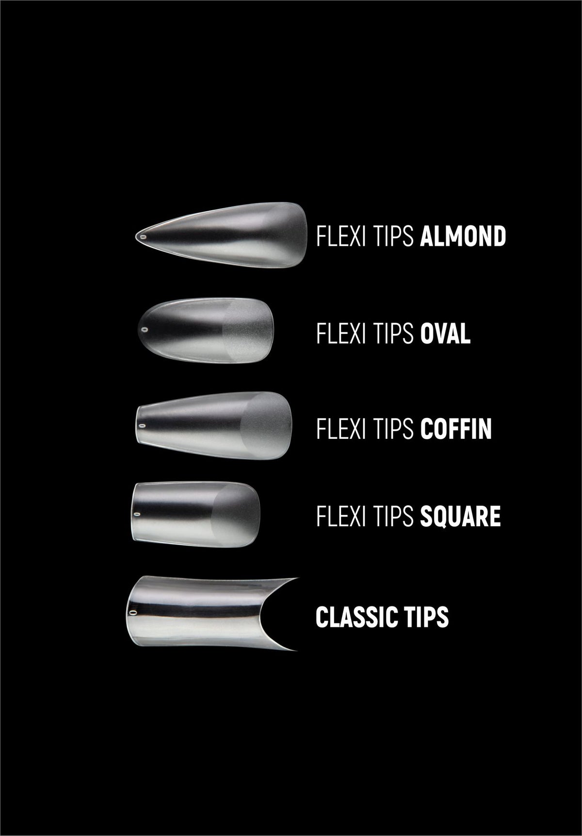 Comparatif des différentes formes de tips Nails Company : Almond, Oval, Coffin, Square et Classic Tips