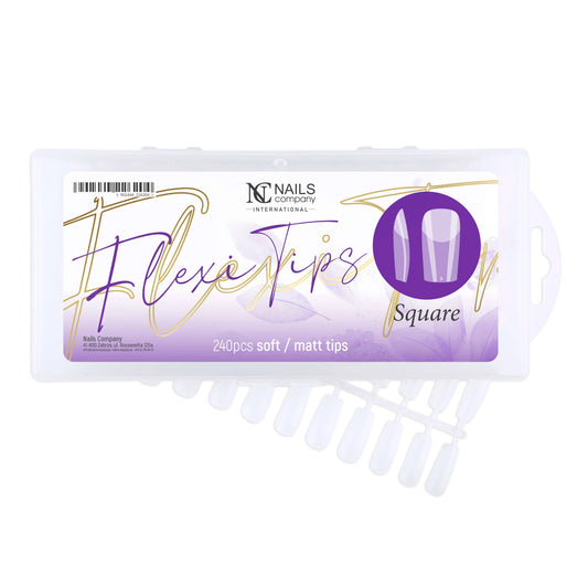 Boîte des Flexi Tips Square de Nails Company avec les capsules visibles