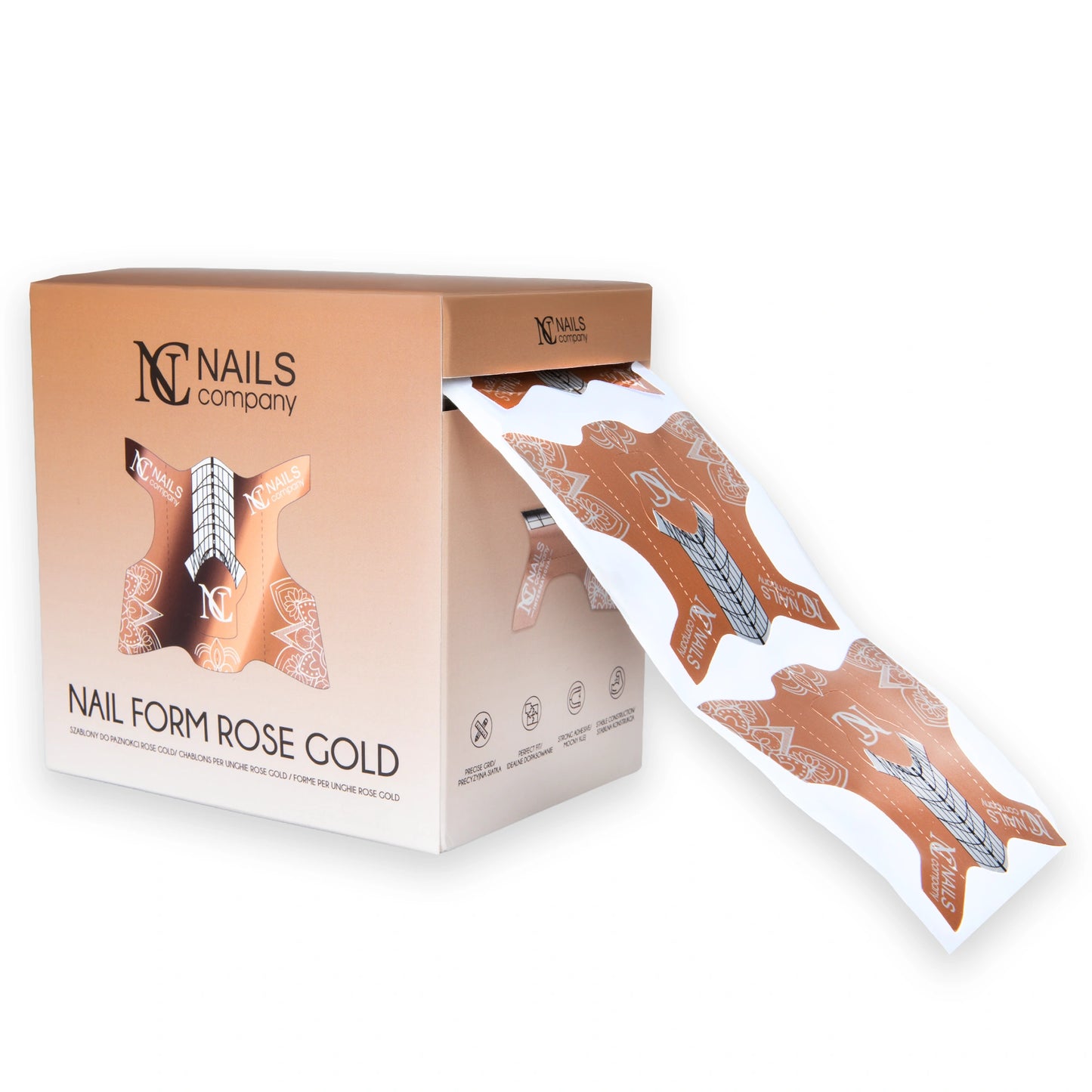 Boite de chablons Rose Gold Nails Company ouverte avec formes prêtes à être découpées visibles.