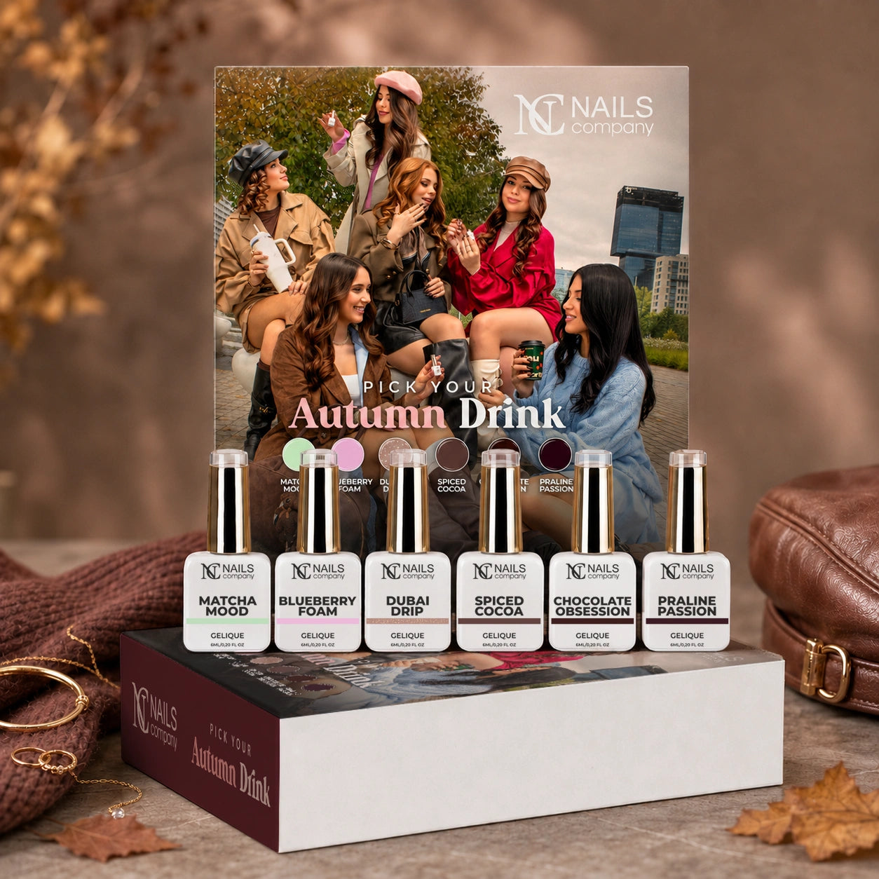 Coffret Pick Your Autumn Drink de Nails Company avec les six flacons des couleurs visibles