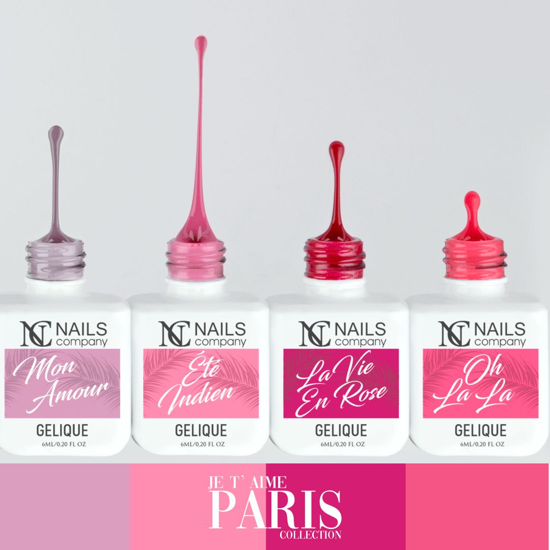 Quatre teintes de la collection Je T'aime Paris de Nails Company : Mon Amour, Été Indien, La Vie en Rose et Oh La La