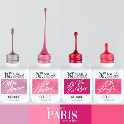 Quatre teintes de la collection Je T'aime Paris de Nails Company : Mon Amour, Été Indien, La Vie en Rose et Oh La La