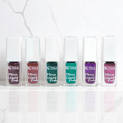 Collection complète Mirror Liquid Powder Nails Company avec six flacons chrome aux différentes couleurs visibles.