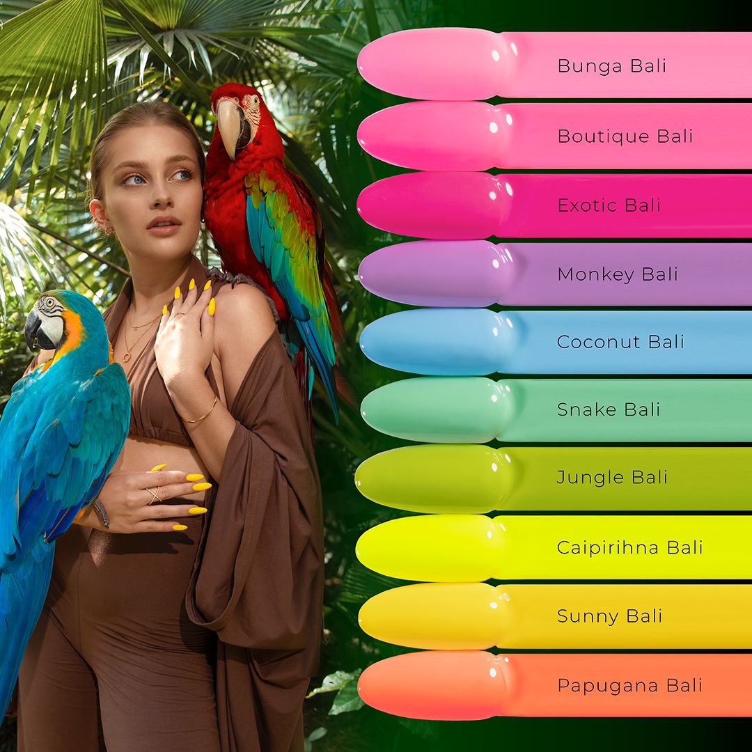 Collection Tropical Madness Nails Company présentée sur nuancier avec toutes les teintes visibles.
