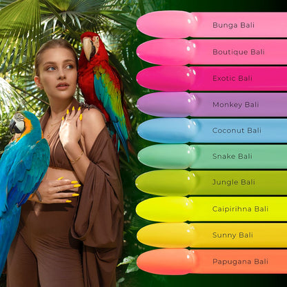 Collection Tropical Madness Nails Company présentée sur nuancier avec toutes les teintes visibles.