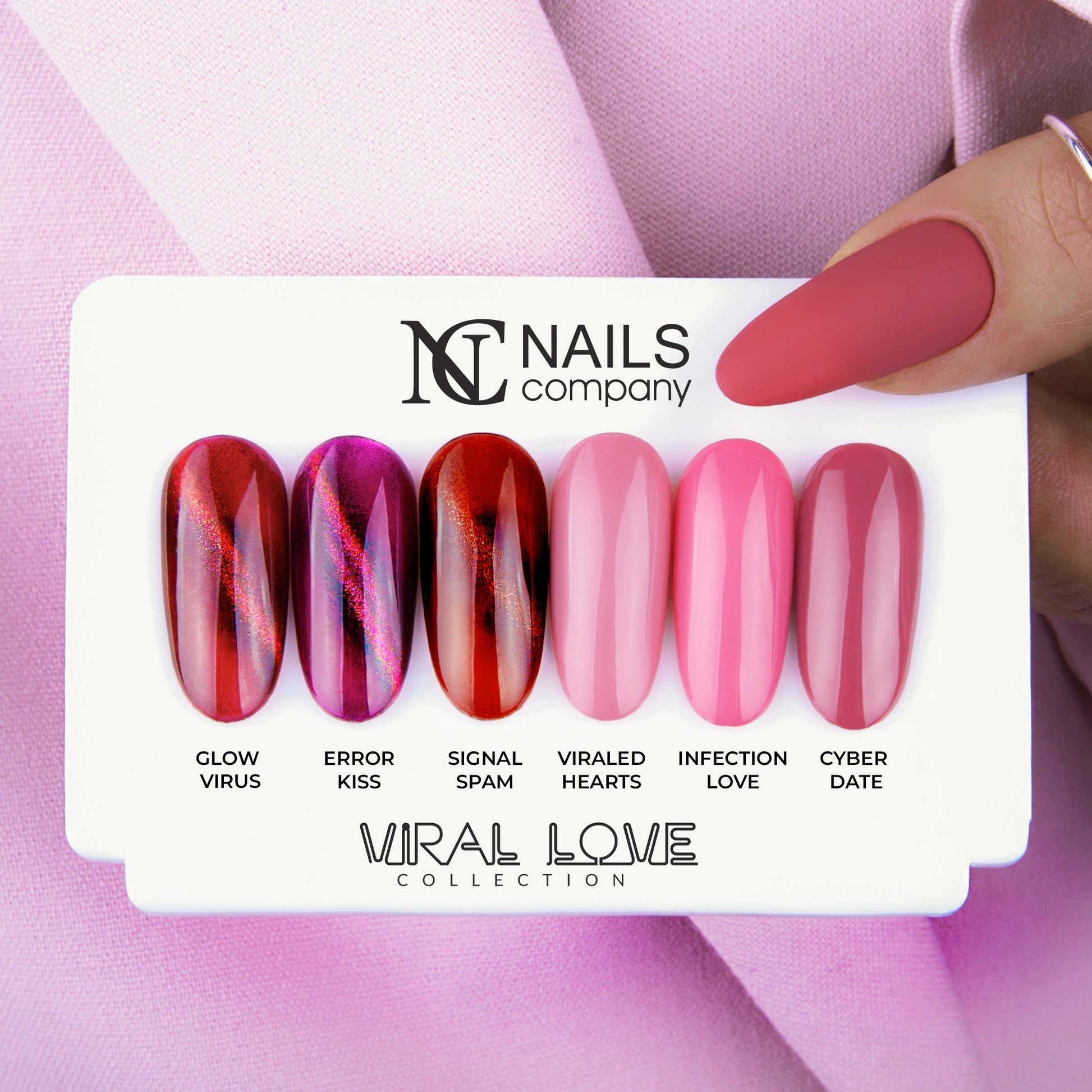 Tips présentant les six teintes pastel de la collection Viral Love de Nails Company