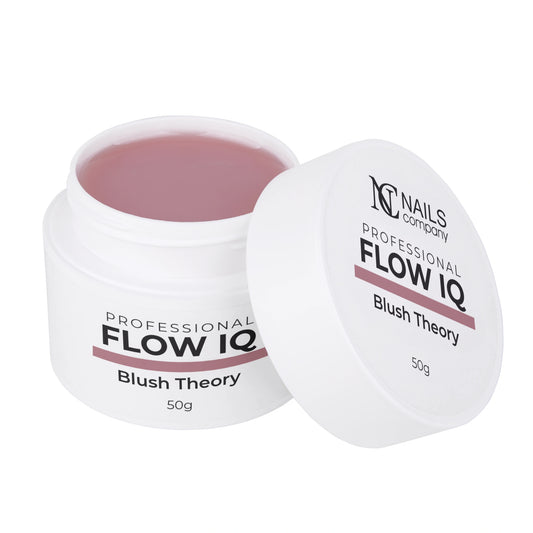 Flow IQ Blush Theory Nails Company pot ouvert avec gel rose chaud couvrant visible.