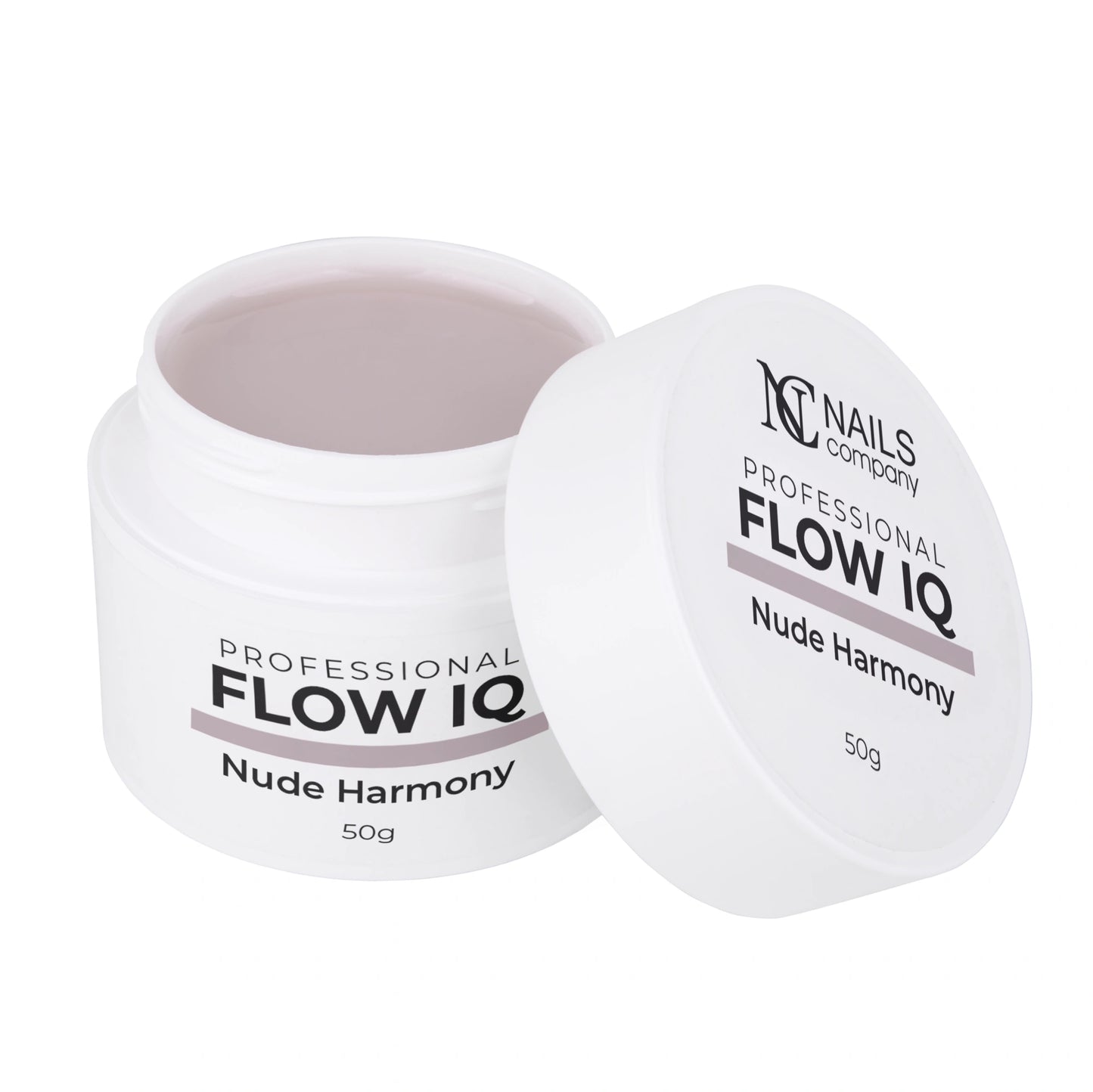 Flow IQ Nude Harmony Nails Company pot ouvert avec gel beige aux sous-tons gris visible.