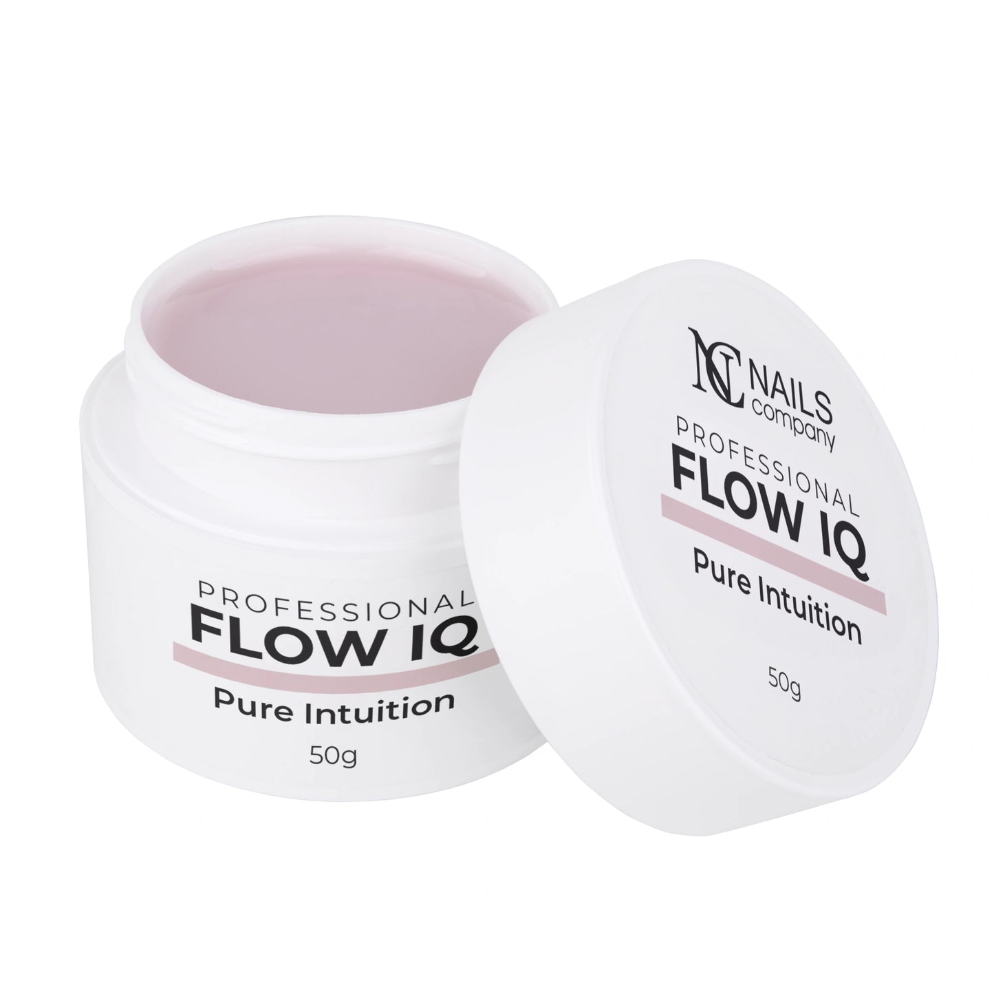 Flow IQ Pure Intuition Nails Company pot ouvert avec gel blanc laiteux très clair visible.