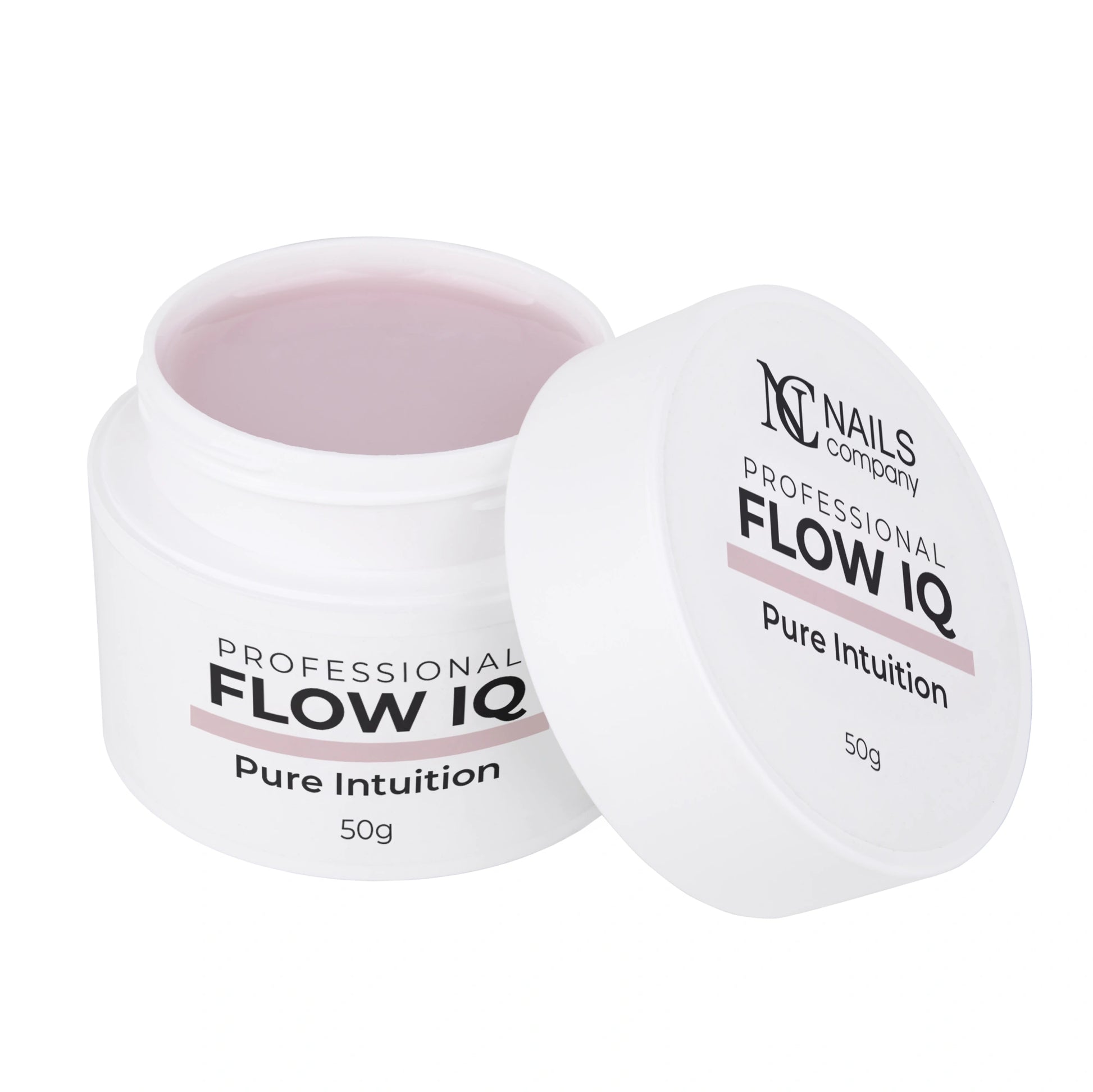 Flow IQ Pure Intuition Nails Company pot ouvert avec gel blanc laiteux très clair visible.