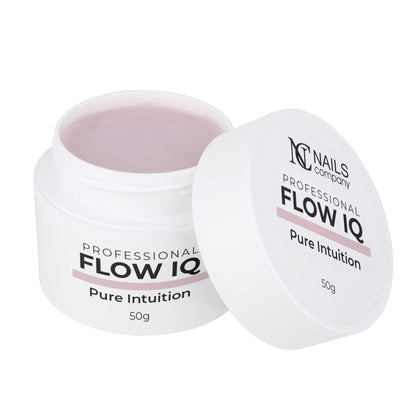 Flow IQ Pure Intuition Nails Company pot ouvert avec gel blanc laiteux très clair visible.