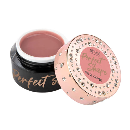 Pot ouvert de gel de construction Perfect Shape Speedy Cover de Nails Company, teinte rose pêche, avec son bouchon visible