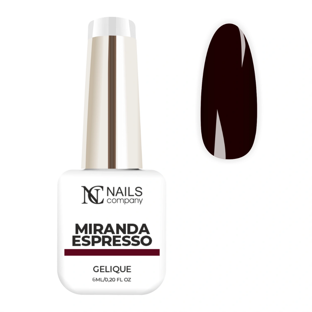 Gel polish Miranda Espresso de Nails Company avec flacon et tips montrant la teinte brun fonce.