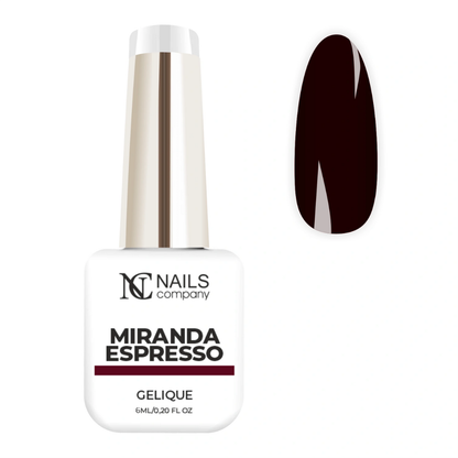Gel polish Miranda Espresso de Nails Company avec flacon et tips montrant la teinte brun fonce.