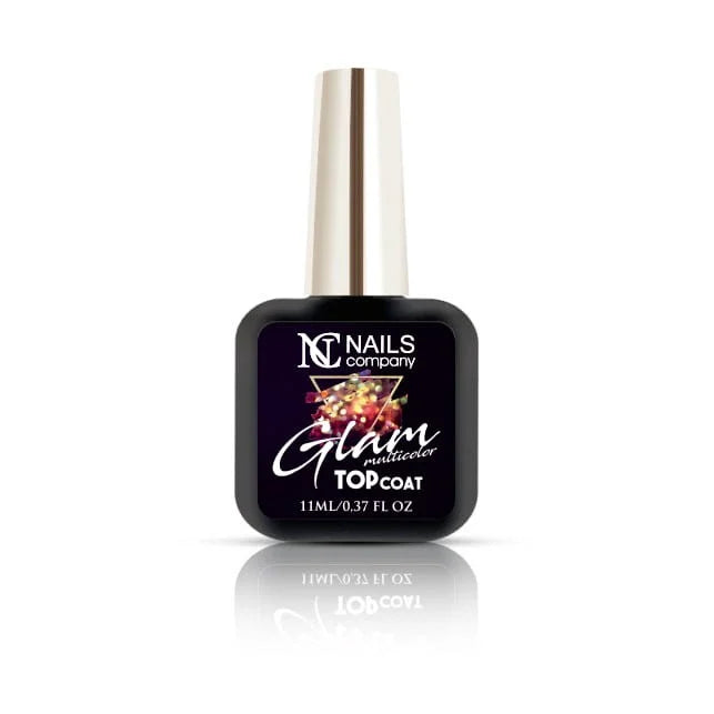 Glam Top Coat Multicolor Nails Company présenté en flacon avec particules holographiques multicolores.