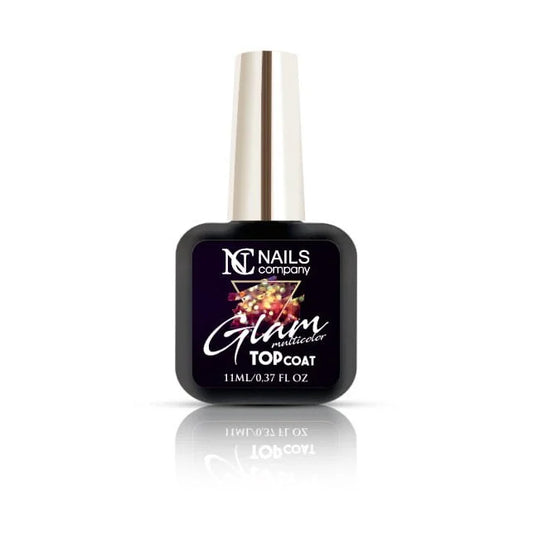 Glam Top Coat Multicolor Nails Company présenté en flacon avec particules holographiques multicolores.