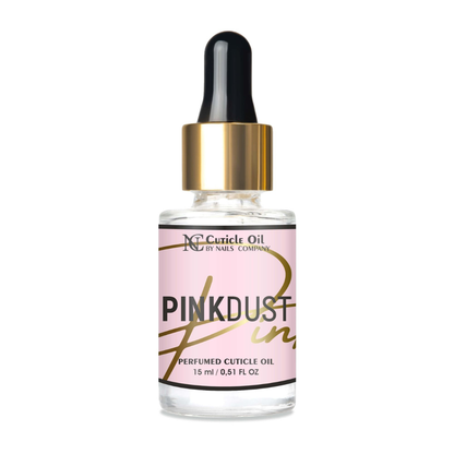 Flacon 15 ml de l’huile à cuticules Pink Dust de Nails Company avec embout compte-gouttes, soin nourrissant inspiré du parfum Jimmy Choo