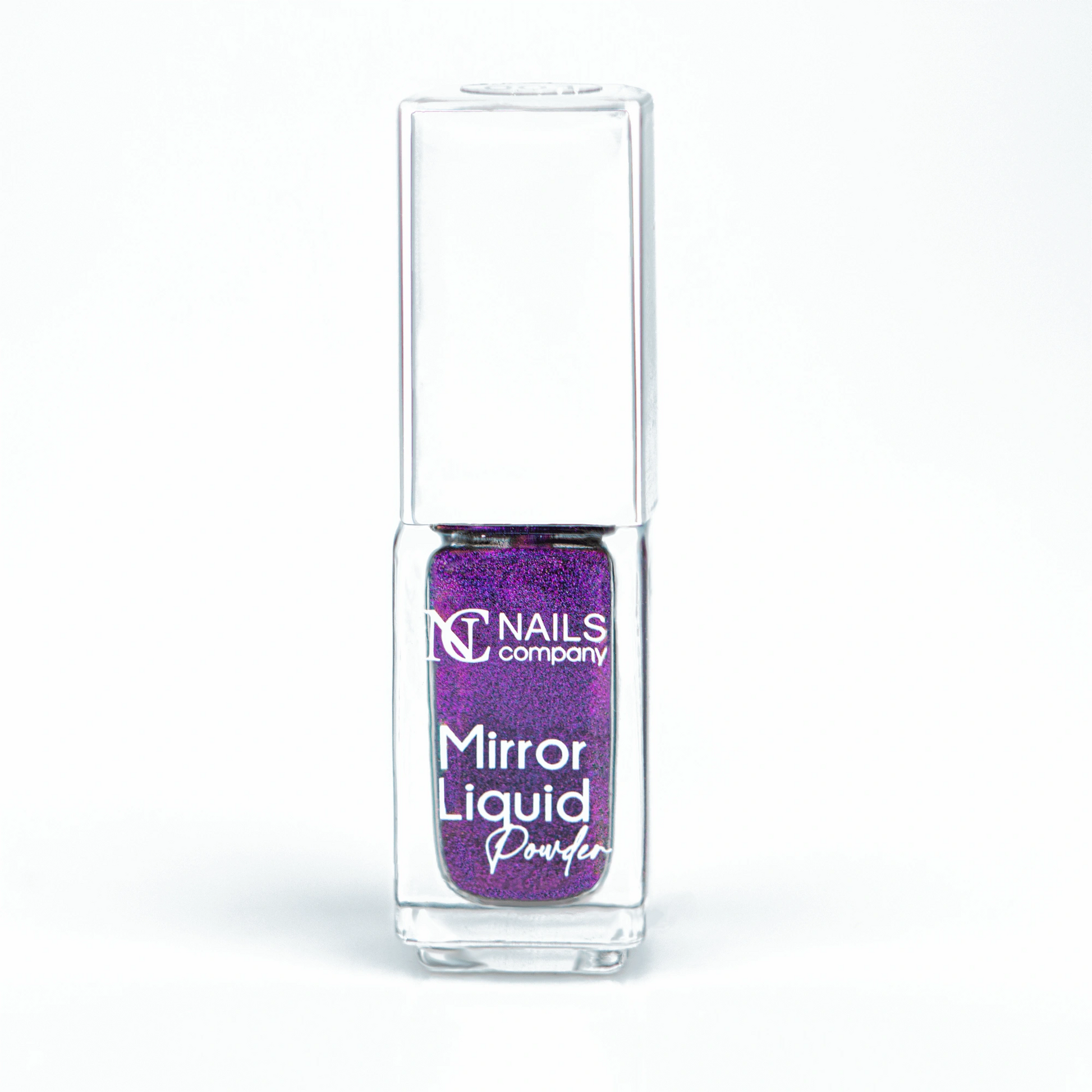 Mirror Liquid Powder 001 Nails Company avec reflets violet et grenat présenté en flacon.