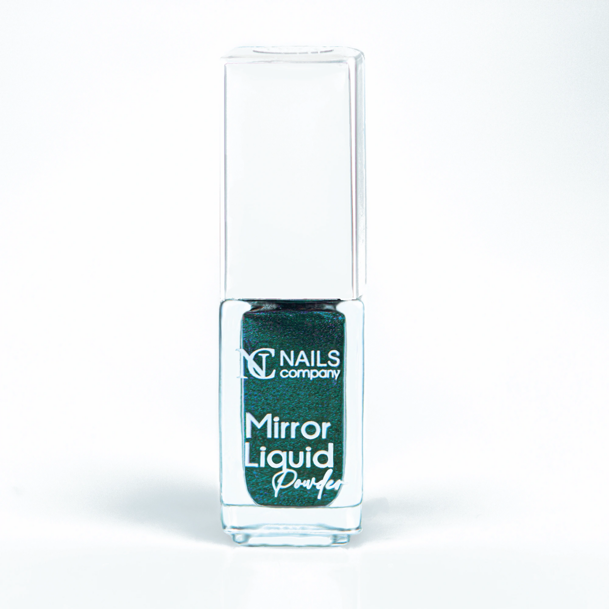 Mirror Liquid Powder 002 Nails Company avec reflets turquoise et verts présenté en flacon.
