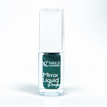 Mirror Liquid Powder 002 Nails Company avec reflets turquoise et verts présenté en flacon.