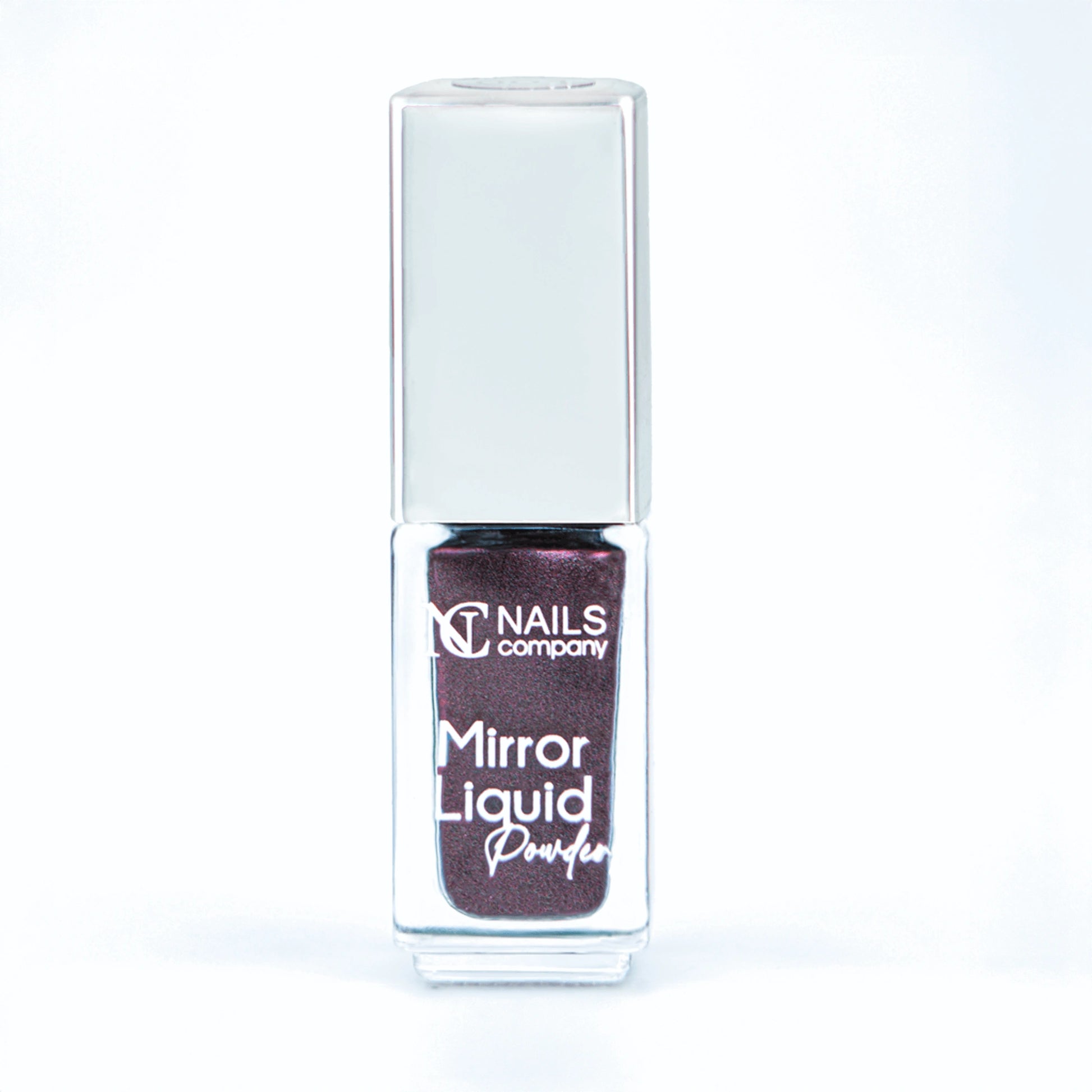 Mirror Liquid Powder 006 Nails Company avec reflets bordeaux et prune métallisés présenté en flacon.