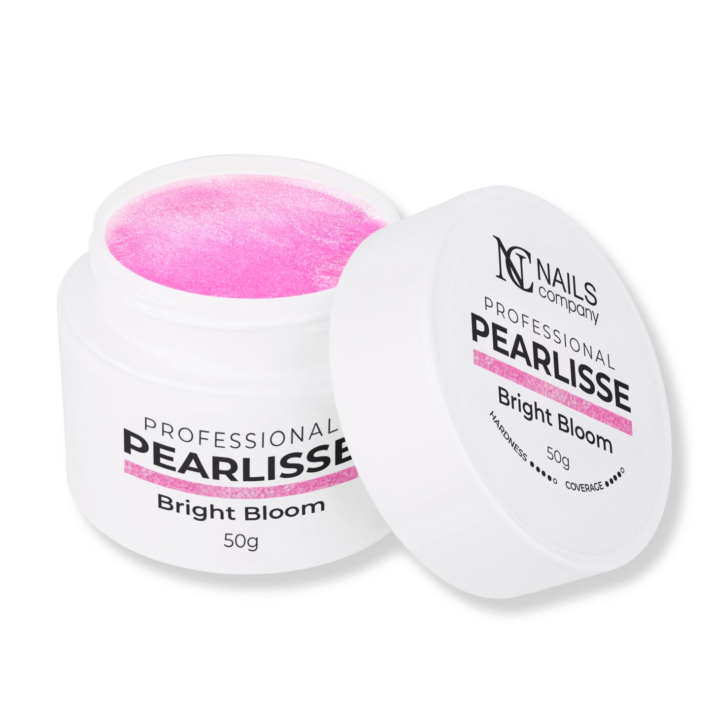 Pearlisse Gel Bright Bloom Nails Company pot ouvert avec gel rose vif perlé visible.