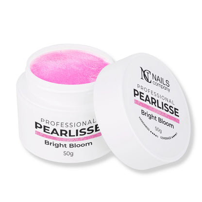 Pearlisse Gel Bright Bloom Nails Company pot ouvert avec gel rose vif perlé visible.