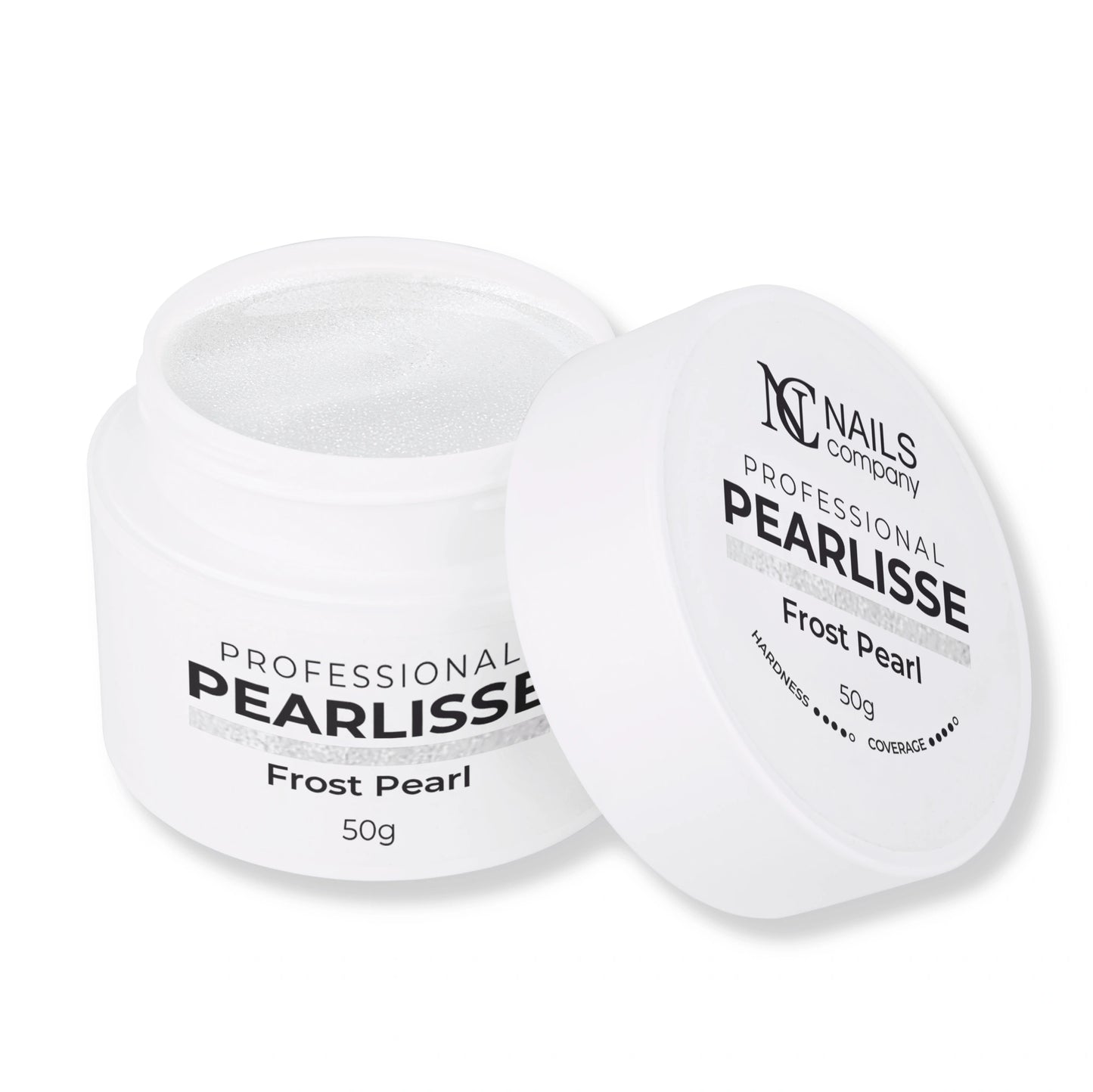 Pearlisse Gel Frost Pearl Nails Company pot ouvert avec gel blanc lacté perlé visible.