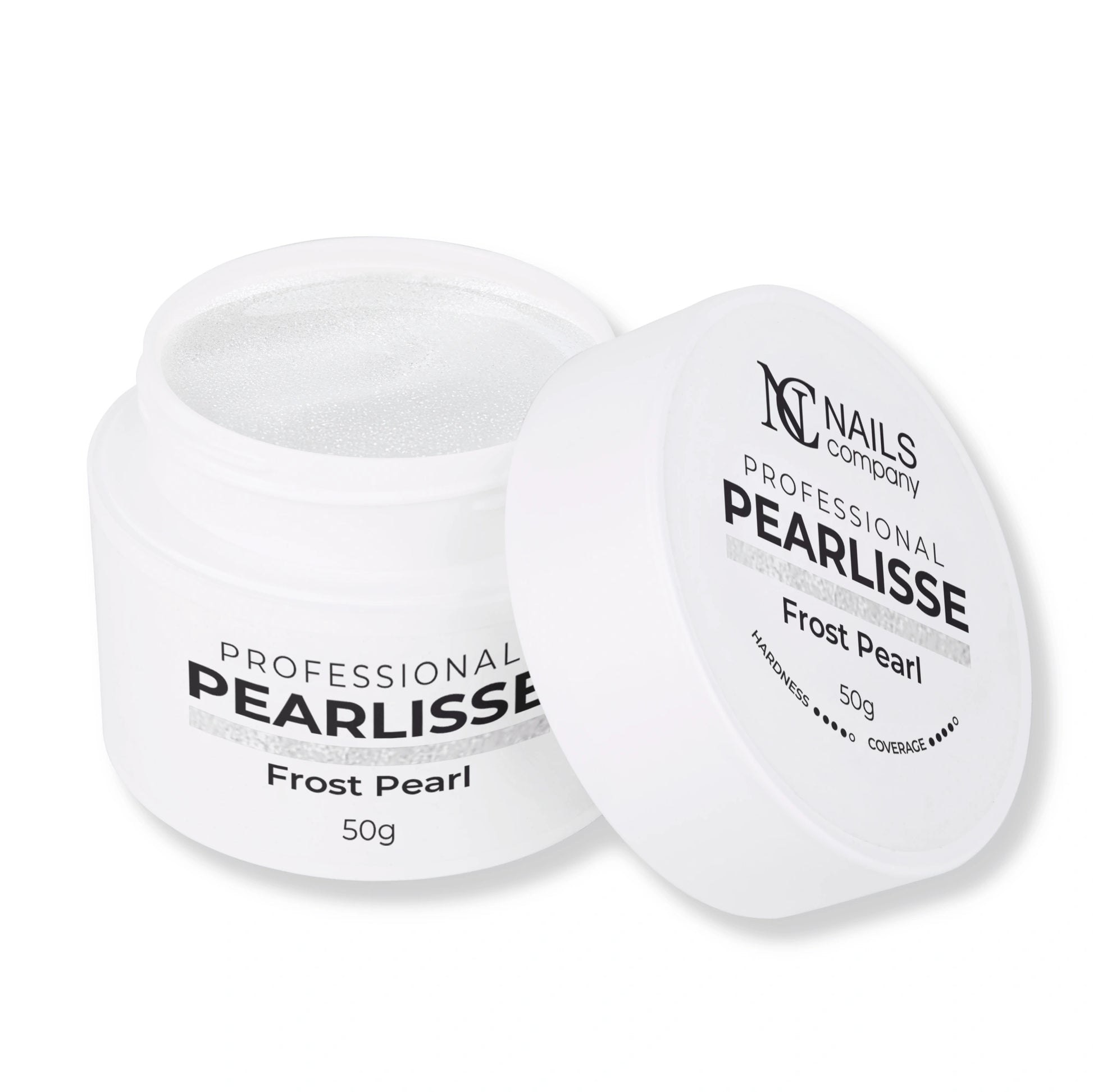 Pearlisse Gel Frost Pearl Nails Company pot ouvert avec gel blanc lacté perlé visible.