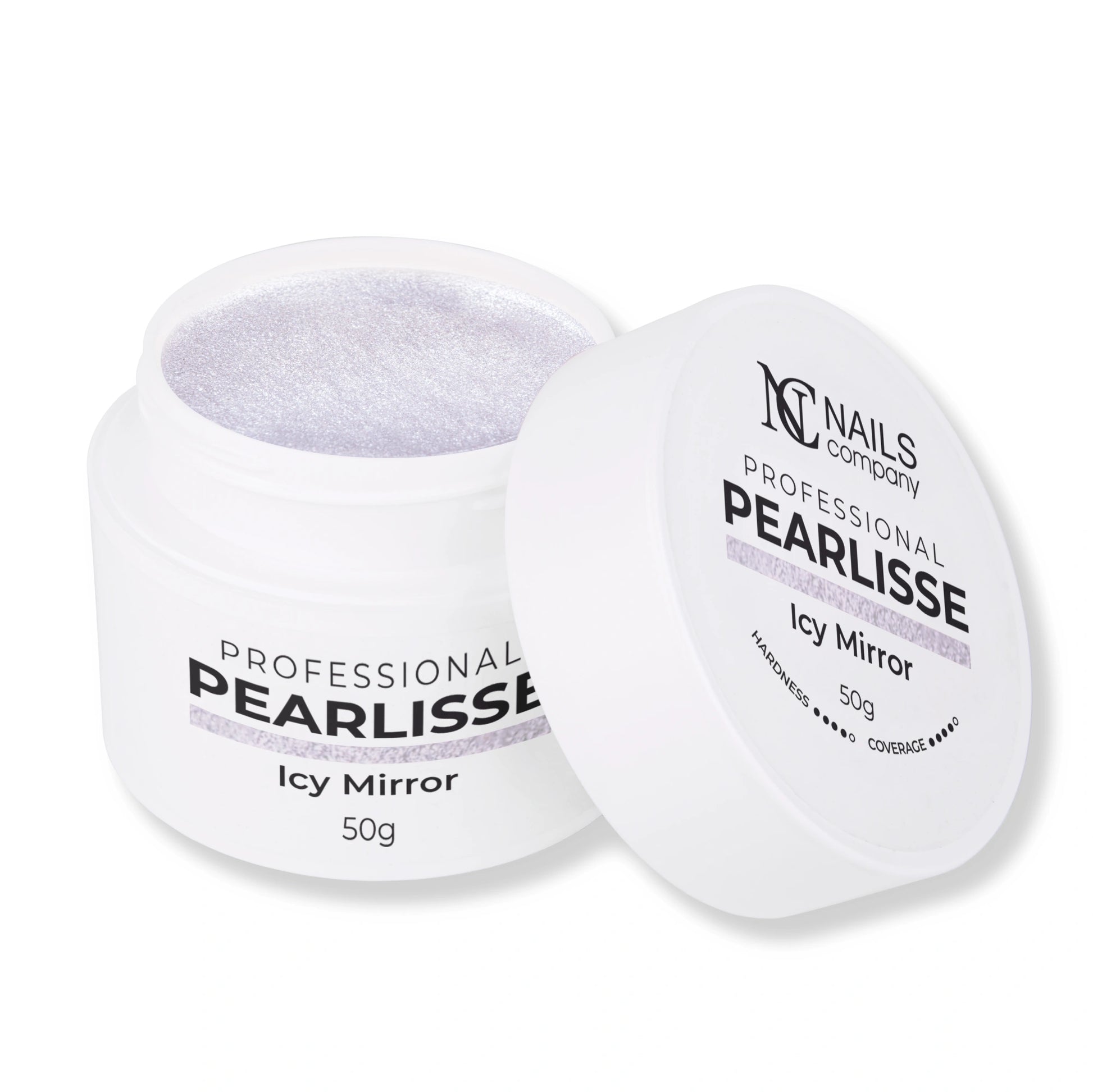 Pearlisse Gel Icy Mirror Nails Company pot ouvert avec gel argent froid perlé visible.