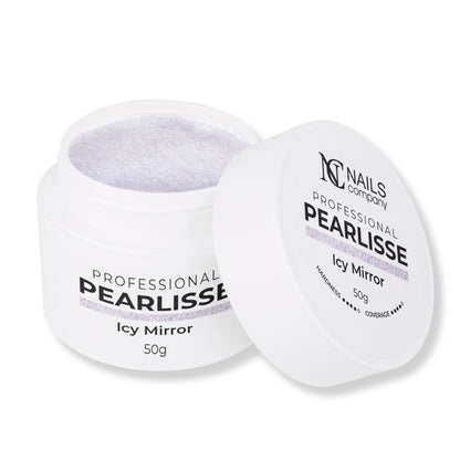 Pearlisse Gel Icy Mirror Nails Company pot ouvert avec gel argent froid perlé visible.