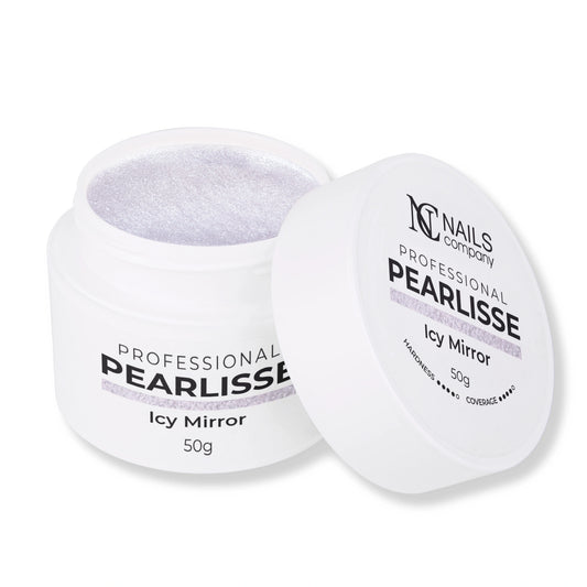 Pearlisse Gel Icy Mirror Nails Company pot ouvert avec gel argent froid perlé visible.
