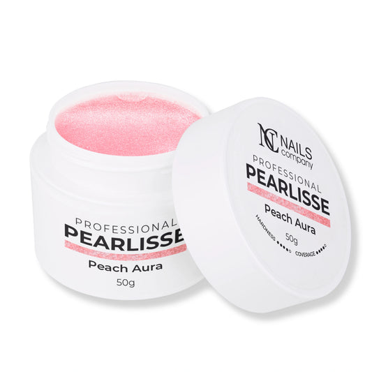 Pearlisse Gel Peach Aura Nails Company pot ouvert avec gel pêche pastel perlé visible.