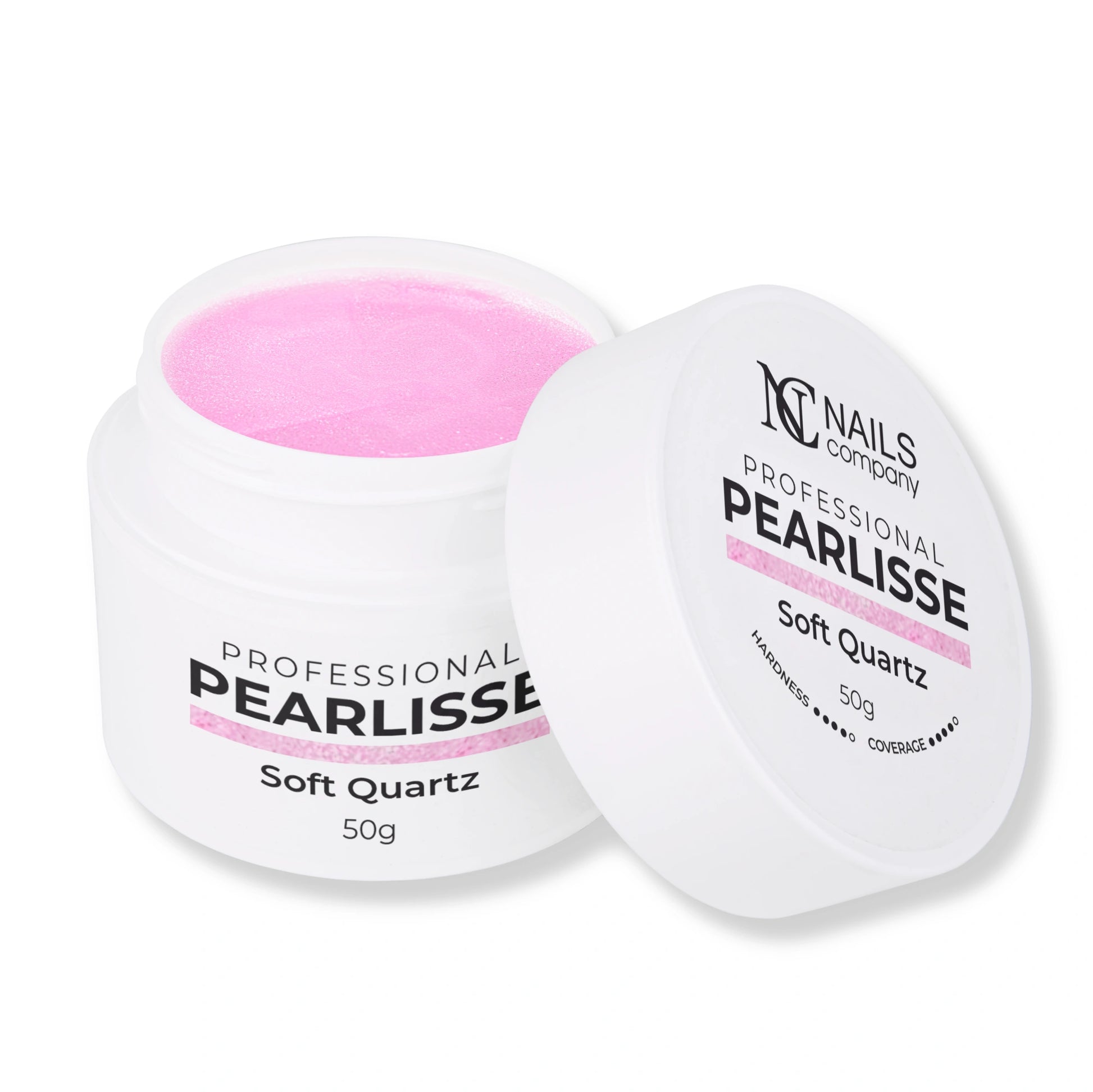 Pearlisse Gel Soft Quartz Nails Company pot ouvert avec gel rose pastel perlé visible.