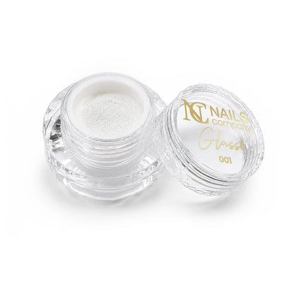 Flacon ouvert du Pigment Glassé 001 de Nails Company avec le pigment doré visible
