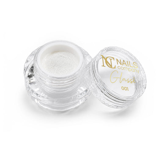 Flacon ouvert du Pigment Glassé 001 de Nails Company avec le pigment doré visible