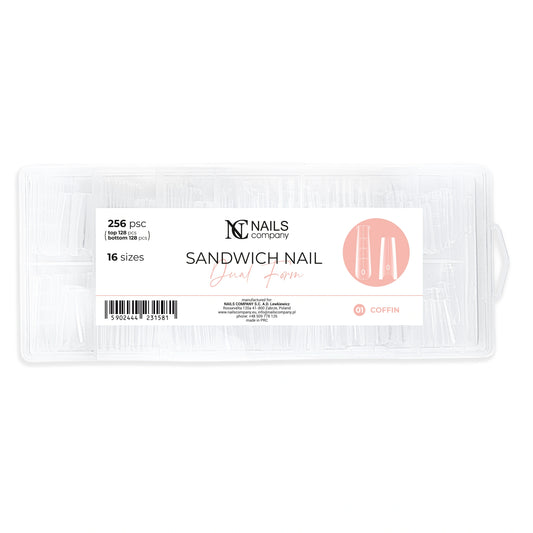 Boite de poppits Dual Form Coffin Nails Company avec capsules transparentes visibles pour construction ongles.