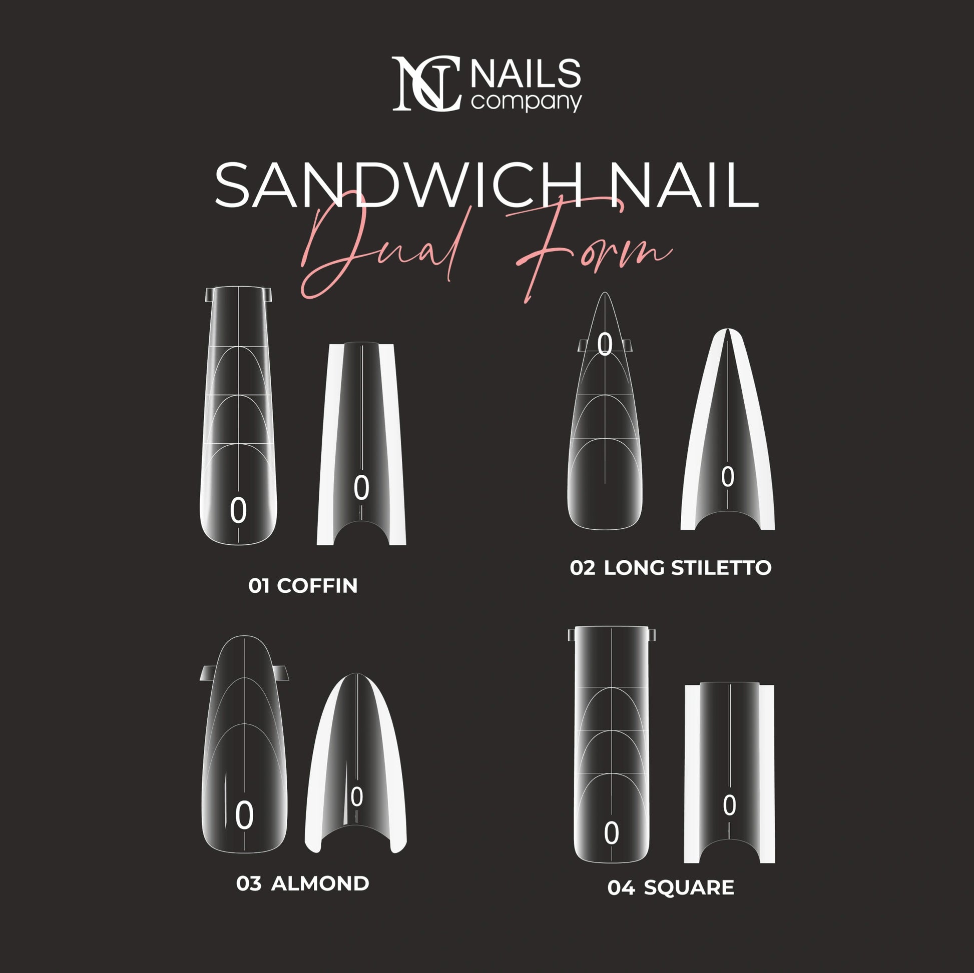 Poppits Nails Company avec quatre formes de la collection visibles pour construction et extension des ongles.
