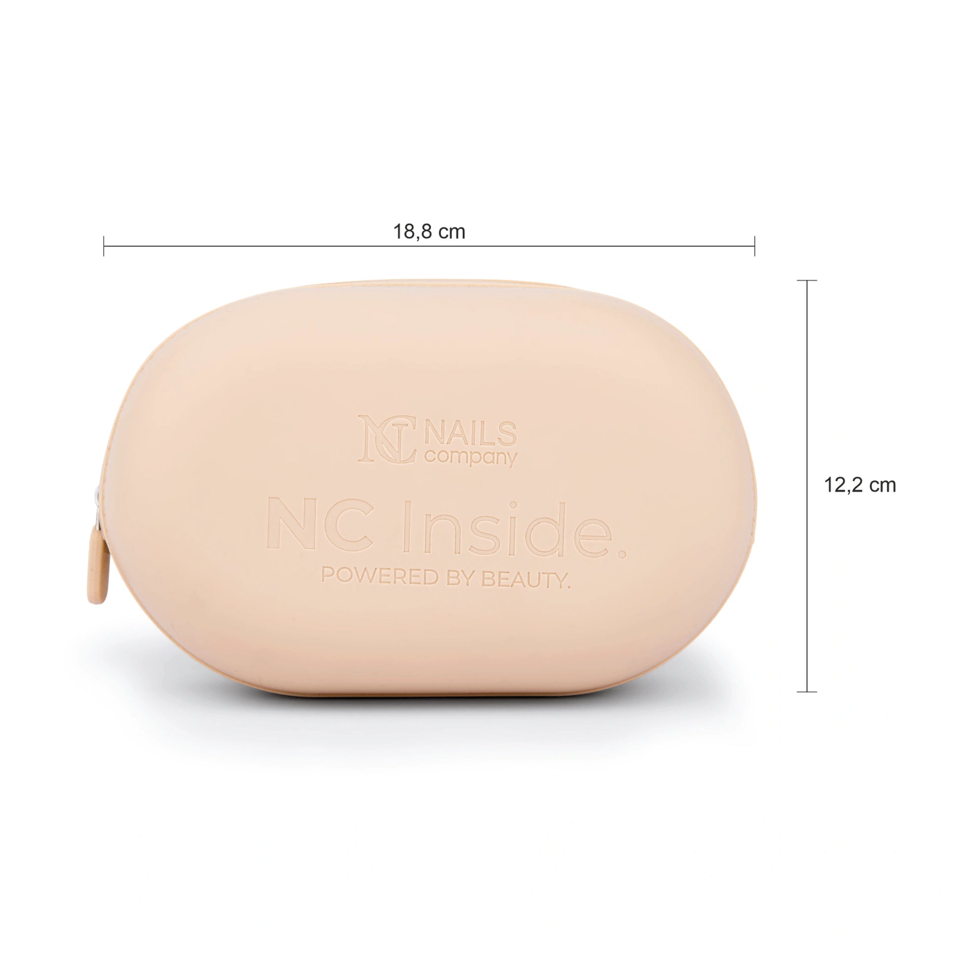 Trousse nude NC Inside Nails Company avec dimensions visibles pour rangement accessoires et vernis.