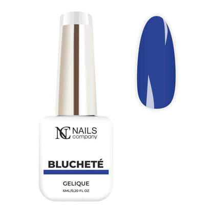 Vernis semi permanent Bluchete Nails Company bleu cobalt intense de la collection La Petite, flacon présenté avec tips.