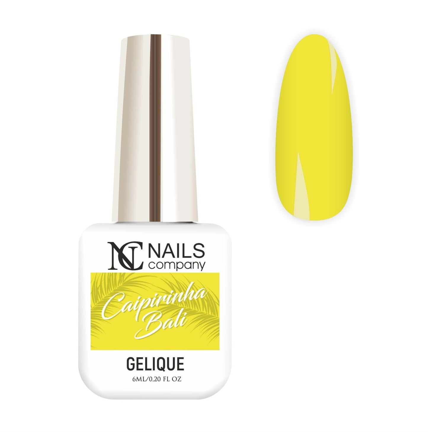 Vernis semi permanent Caipirinha Bali Nails Company jaune néon présenté avec tip de la collection Tropical Madness.