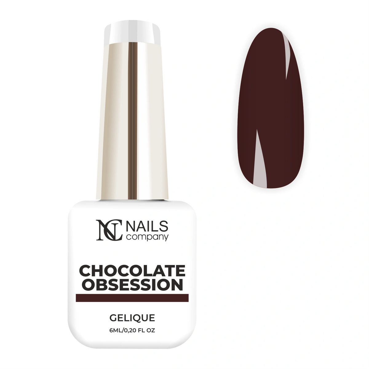 Flacon de vernis semi-permanent Chocolate Obsession de Nails Company, collection Pick Your Autumn Drink, accompagné de tips