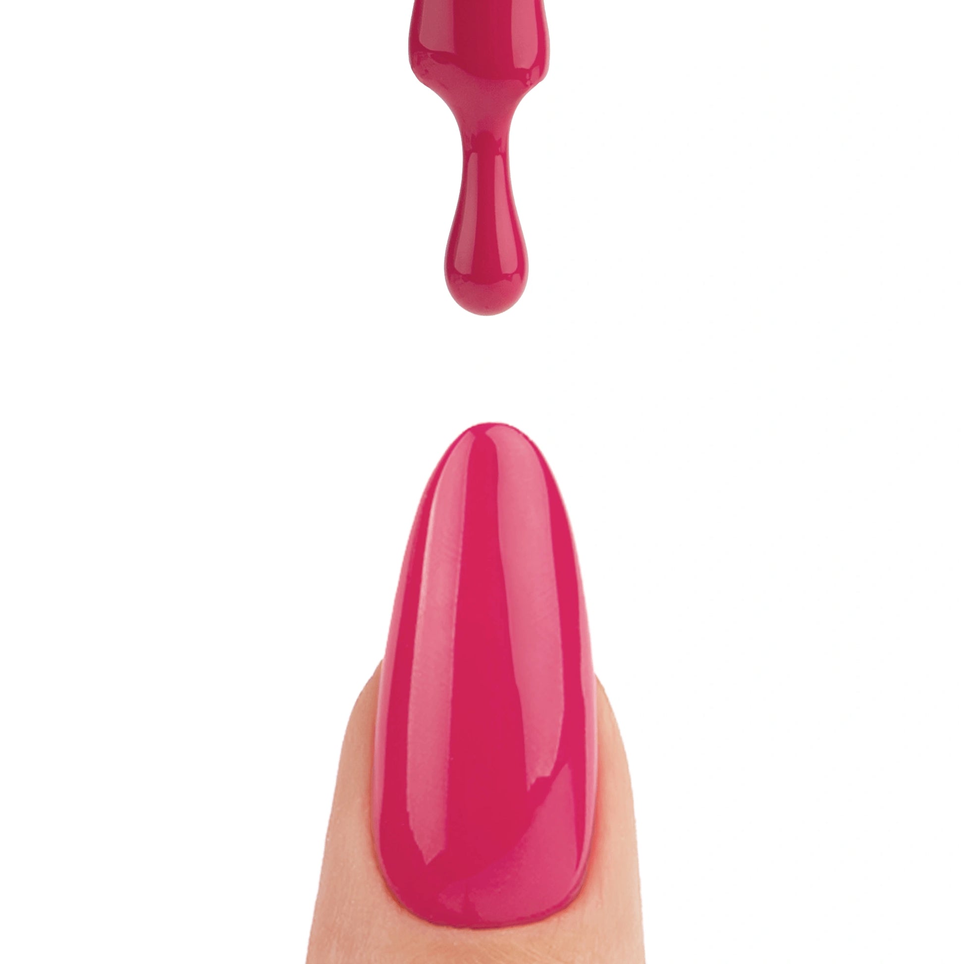 Application du vernis semi permanent Diabla Nails Company avec pinceau et couleur rose fuchsia qui coule.