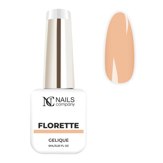 Vernis semi permanent Florette Nails Company rose poudré clair nuance pêche de la collection La Petite, flacon avec tips.
